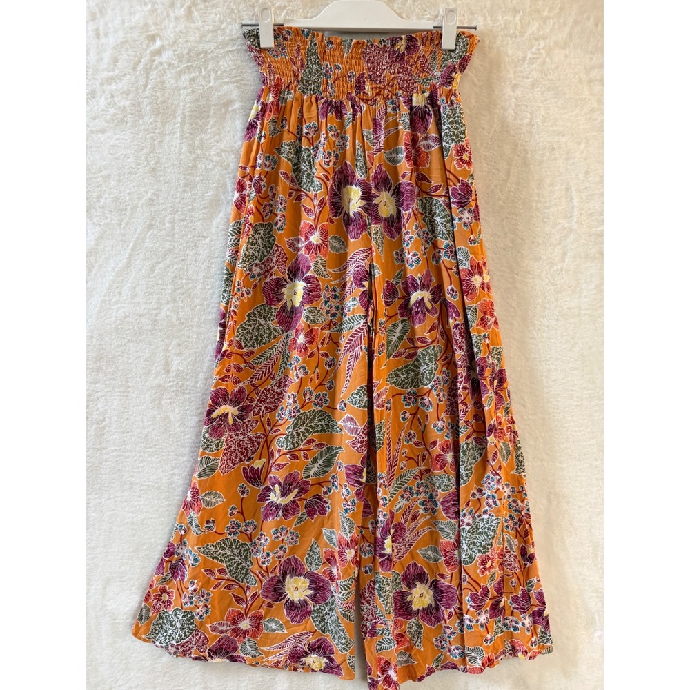 Christian Siriano Floral Wide Leg Pants Womens Small Orange Smocked High Waist